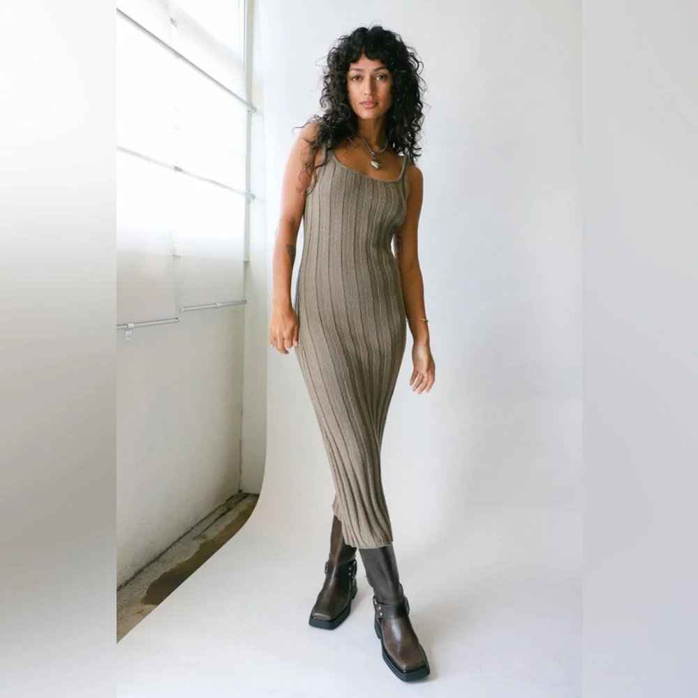 Free People Santons Stone Midi Sweater Dress Neutral Brown NEW Large - Picture 5 of 9